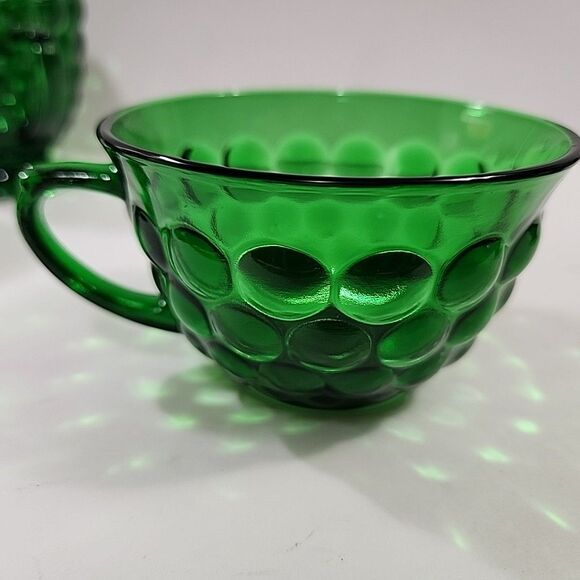 Set Of 4 Vtg Anchor Hocking Forest Green Bubble Glass (2) Cups + Cream & Sugar - Picture 16 of 16